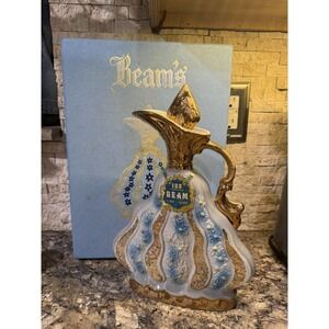 1970 Jim Beam Decanter Empty Bottle Gold Blue Floral 155 Month Whiskey W/Case